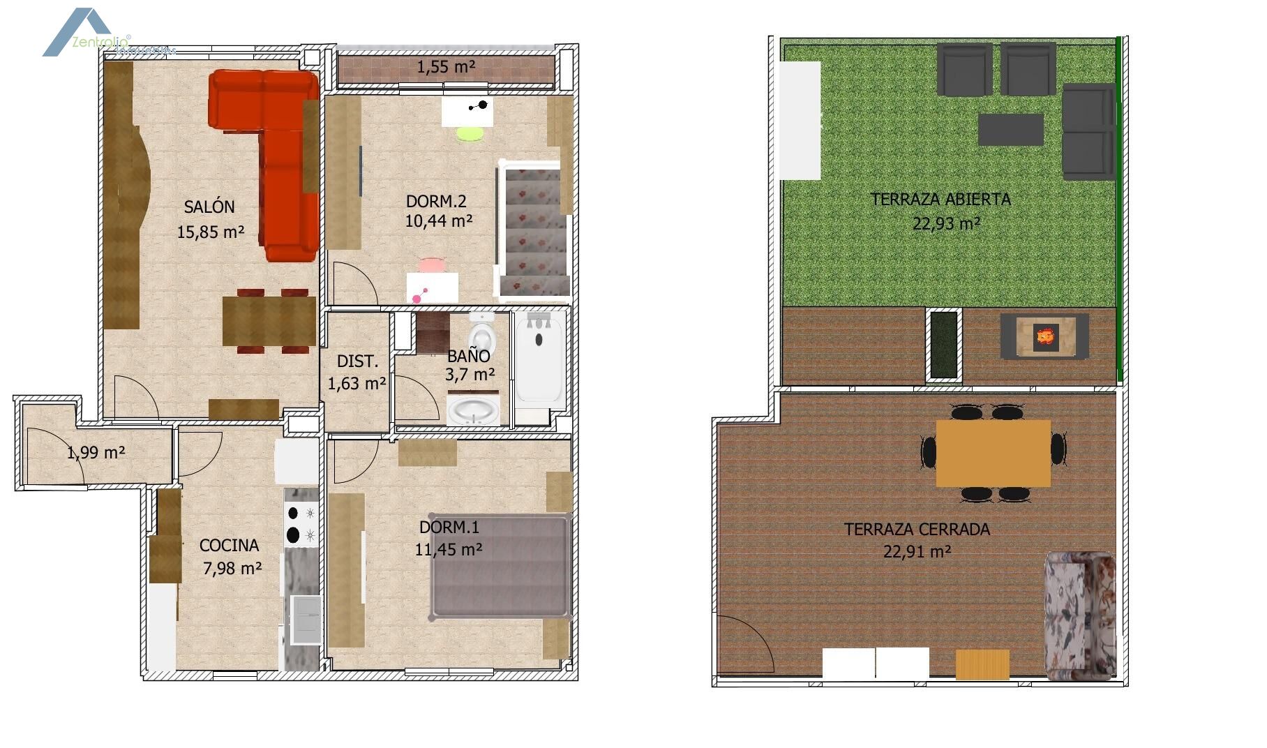 VIVIENDA AMUEBLADA 2 DORM. CON TERRAZA DE 45M2